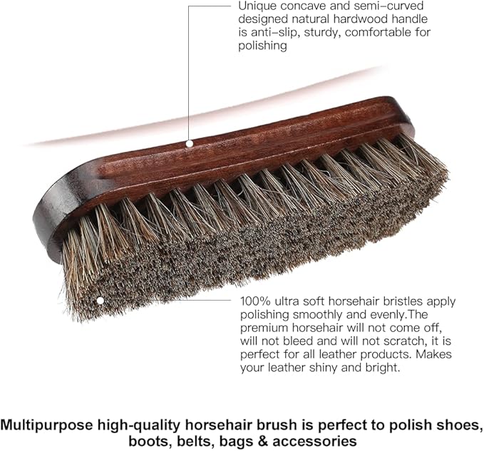 Horsehair Shoes Shine Brush, Soft Horse Hair Bristles Leather Clean & Care Brushes with Comfortable Grip for Shoes, Boots, Coats and Bags - 2 Pack
