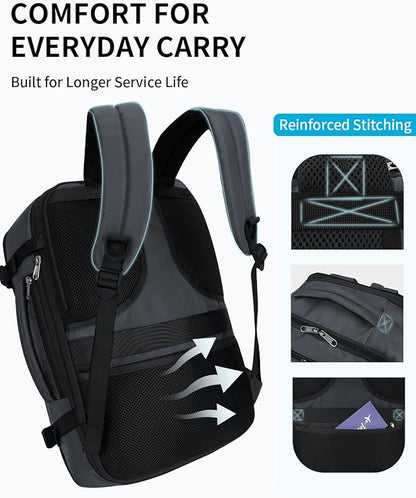 ECOHUB Carry On Travel Backpack, Expandable Airlines Personal Item Bag 18x14x8, Water Resistant 17 inch Laptop Backpack Flight Approved, 12 Pockets 30L Work Backpacks with Wet Pocket Cable Slot, Grey