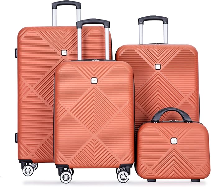 Luggage 4 Piece Set, Hardshell ABS Suitcase Set with Double Spinner Wheels, Lightweight Suitcase, Carry On and Checked Travel Luggage, Dark orange