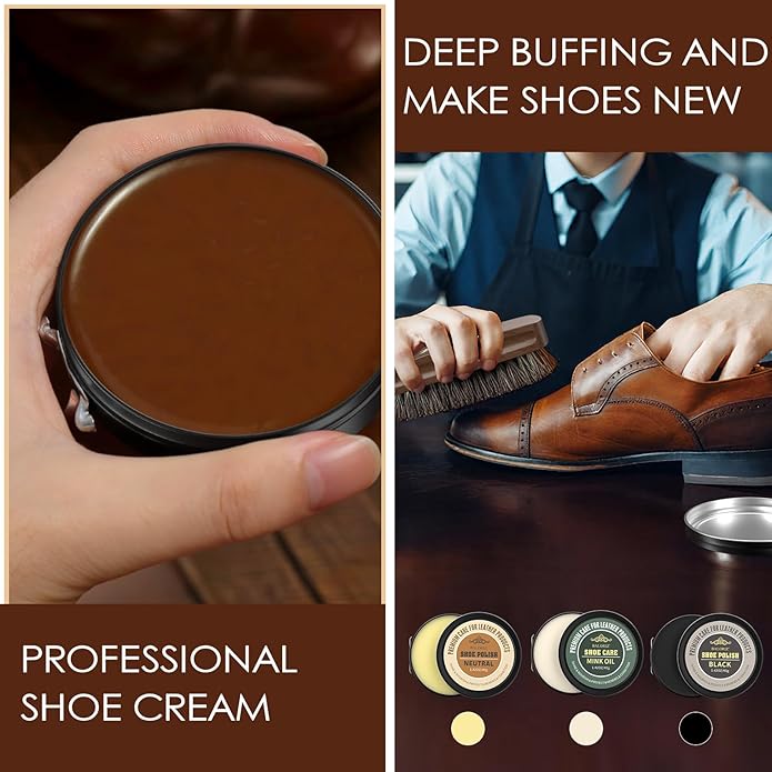 Shoe Shine Kit For Men & Women, 13Pcs Leather Shoe Polish Kit Christmas Gifts with Shoe Polish, Mink Oil, Horsehair Brush for Leather Boot Shoe Care Kit Mens Dad Birthday Gifts Ideas