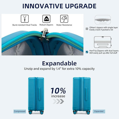 Hard Shell Suitcases Expandable Travel Luggage Sets 2 Piece, Carry on and Check in Luggage Lightweight Suitcase Set 2 Piece with Wheels Cup Holder Charger Built in (Caribbean Blue, 20/28)