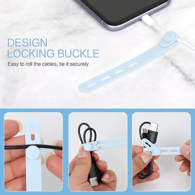 Donruby 24Pcs Silicone Cable Ties - Reusable & Washable with Locking Buckle Design, Adjustable Fastening Cable Straps, Multi-Purpose High Elasticity Cord Organizer (Ice Blue)
