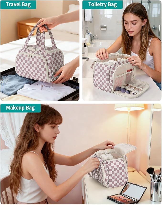 Narwey Large Travel Toiletry Bag, Wide-open Travel Bag for Toiletries, Toiletry Bags for Traveling Women, Cosmetic Make Up Makeup Bag Organizer with Wet Pocket, Skincare Bag (Dusty Pink Checkerboard)