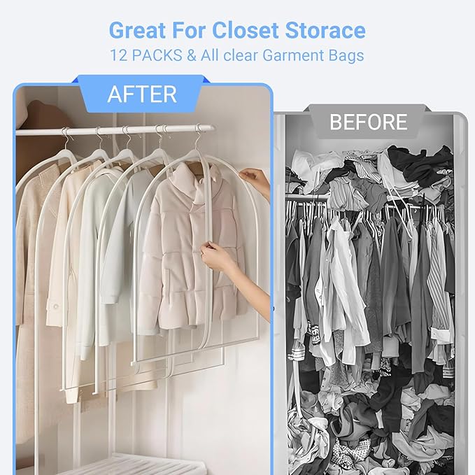 Garment Bags for Hanging Clothes 24'' x 60'' (Set of 12) Coat Covers for Closet Foldable Washable Dress Bags for Hanging Clothes for Long Dress Dance Costumes Suits Gowns Coats