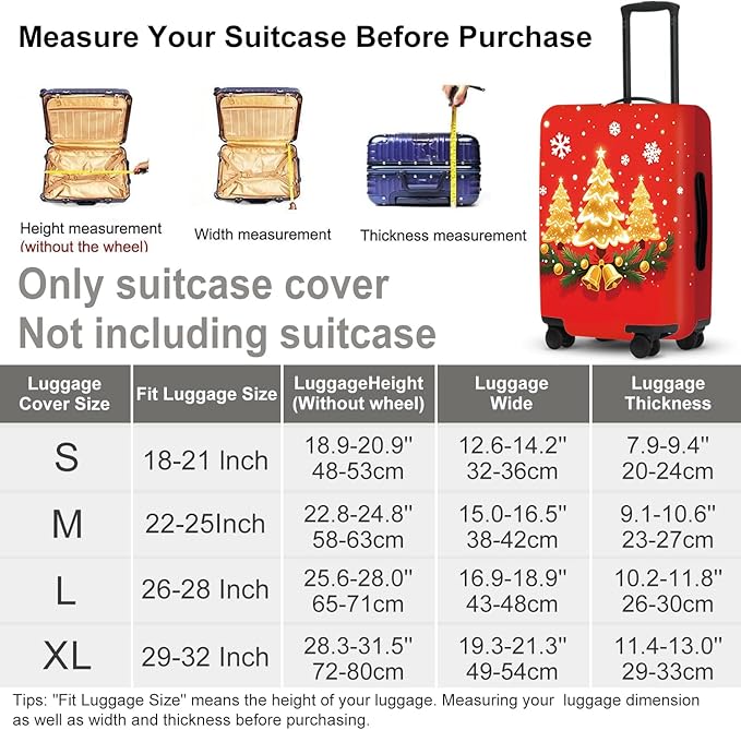 Golden Christmas Trees Luggage Cover - Sparkling Trees with Bells and Holly on Red Background, Elegant Holiday Design Stretchable Suitcase Protector for 24 26 Inch Travel Bags