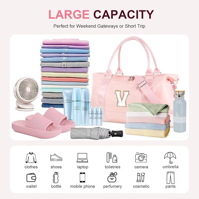 Dance Gym Duffel Bag for Teen Girls, Personalized Initial Travel Weekender Bag,Cute Overnight Carry On Duffle for Women,Sports Travel Cheer Bag,Monogram Christmas Gifts for Tween Preppy(pink-V)