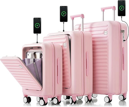 Luggage Sets 3 Pcs, Hardside Suit case with Front Pocket Cup Holder and TSA Lock