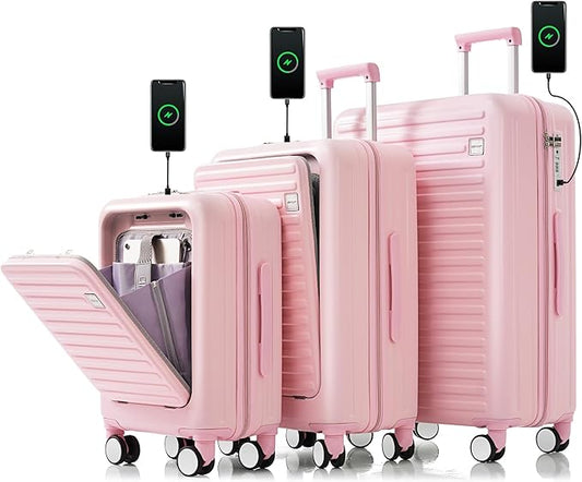 Luggage Sets 3 Pcs, Hardside Suit case with Front Pocket Cup Holder and TSA Lock