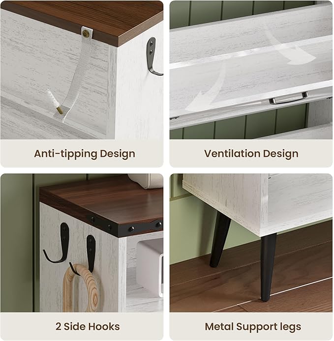 Shoe Storage Cabinet with 4 Flip Drawers Narrow Shoe Rack Cabinet Farmhouse Design Freestanding Shoe Organizer with Open Storage for Entryway,Hallway,Foyer,White Walnut