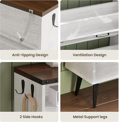 Shoe Storage Cabinet with 4 Flip Drawers Narrow Shoe Rack Cabinet Farmhouse Design Freestanding Shoe Organizer with Open Storage for Entryway,Hallway,Foyer,White Walnut