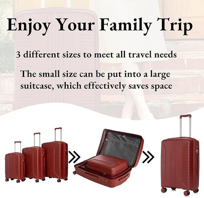 3-Piece PP Hard Shell Spinner Luggage Set (20" 24" 28") with Combination Lock, Adjustable Pull Rod Suitcases, Red