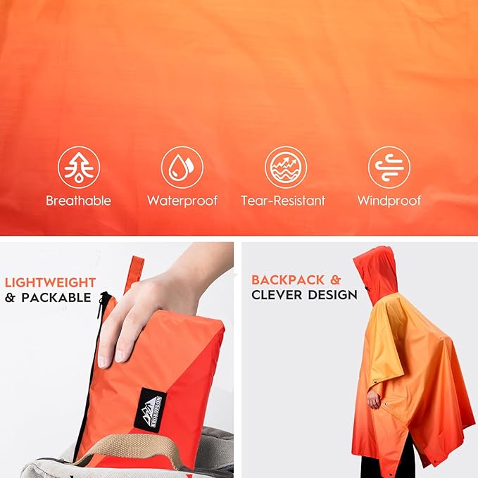 Bruvoalon 3-in-1 Rain Poncho with 1/4 Zip & Chest Pocket, Waterproof, Sunshade, Ground Mat for Adults & Youth Emergency