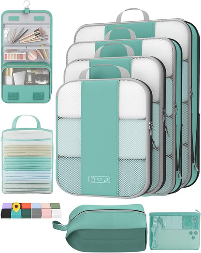 8 Set Compression Packing Cubes for Travel Essentials,Compressible Expandable Packing Cubes for Suitcase,OlarHike Luggage Organizer Bags for Travel,Handy Helper for Organizing Clothes(Cyan)