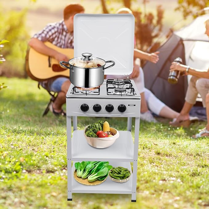 Natural Gas Stove, 4 Burner, Auto Ignition Portable Gas Stove with Support Leg Stand and Wind Blocking Cover Adapter for Rv Apartment Outdoor Cooking (White)