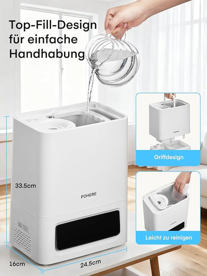 FOHERE 6L Humidifiers for Bedroom, 60H Cool Mist Humidifier for Large Room, 28dB Ultra-Quiet Runtime for Baby, Indoor, Plants, Smart Humidity Sensor, 16H Timer, Night Light, Oil Diffuser, White