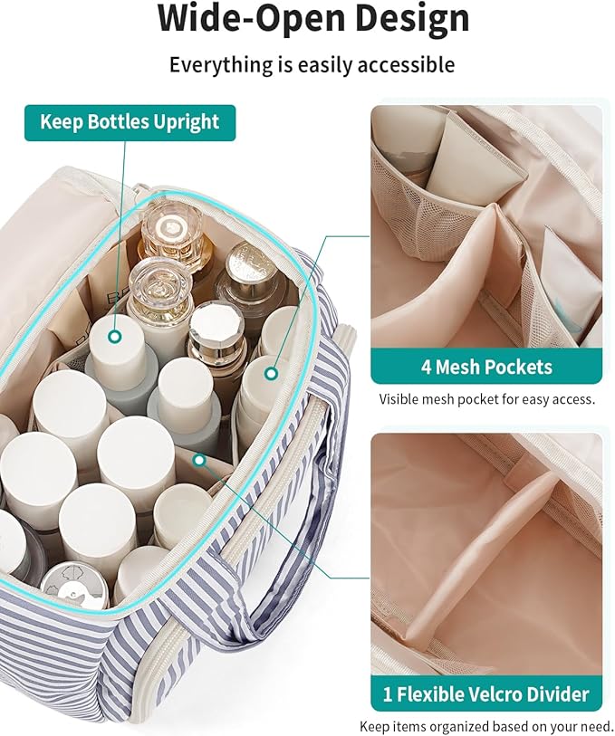 Narwey Large Travel Toiletry Bag, Wide-open Travel Bag for Toiletries, Toiletry Bags for Traveling Women, Cosmetic Make Up Makeup Bag Organizer with Wet Pocket, Skincare Bag (Greyish Blue Stripe)