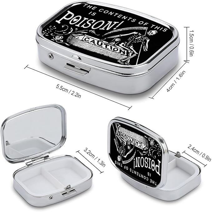 Metal 2 Compartment Pill Organizer Travel Friendly Portable Compact Pill Box Cute Pill Case to Hold Vitamins,Fish Oil,Supplements,Meds,Tablet for Purse,Pocket. (Black Scythe)