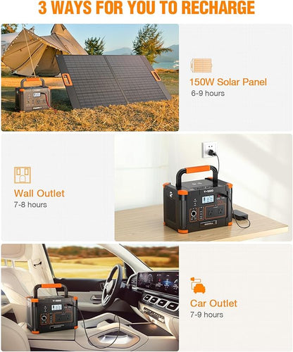 Portable Power Station 1000W, GRECELL 999Wh Solar Powered Generator with 110V AC Outlet, PD 60W Fast Charging Backup Lithium Battery Pack Power Supply for Outdoor Home Camping Travel Emergency RV Van