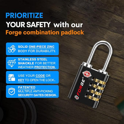 Forge Dual-Opening: Key or Combination Access Lock, TSA Approved Locks for Luggage, Pelican case, Travel, Gym, School, Stainless Steel Shackle. (Multi Color, 4 Pk)