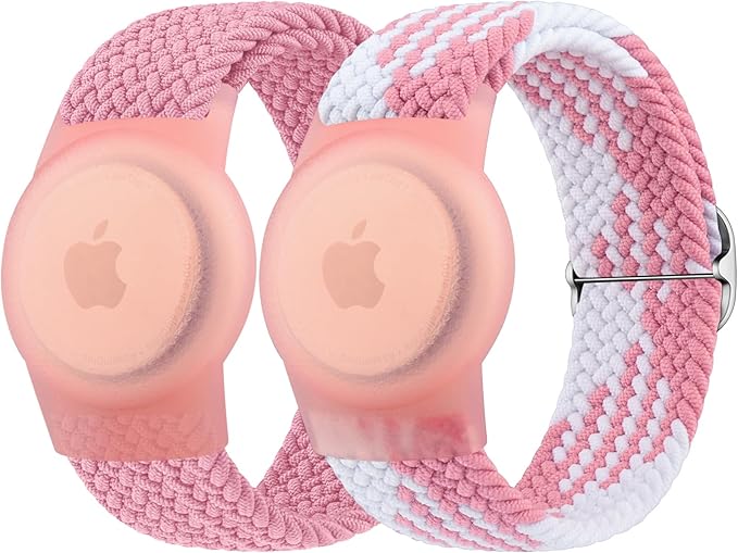 Vanjua Wristband for Apple AirTag, Protective Case Compatible with Air Tag GPS Tracker Holder with Braided Bracelet, Adjustable Anti Lost Watch Band for Toddler Child Elder (Pink+Colorful Pink)