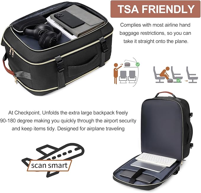 40L Travel Laptop Backpack for Women & Men, Airline Approved Carry On Luggage Overnight Bags, Waterproof Personal Item Bag, Weekender Essentials Backpacks Vacuum Backpack Black