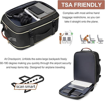 40L Travel Laptop Backpack for Women & Men, Airline Approved Carry On Luggage Overnight Bags, Waterproof Personal Item Bag, Weekender Essentials Backpacks Vacuum Backpack Black