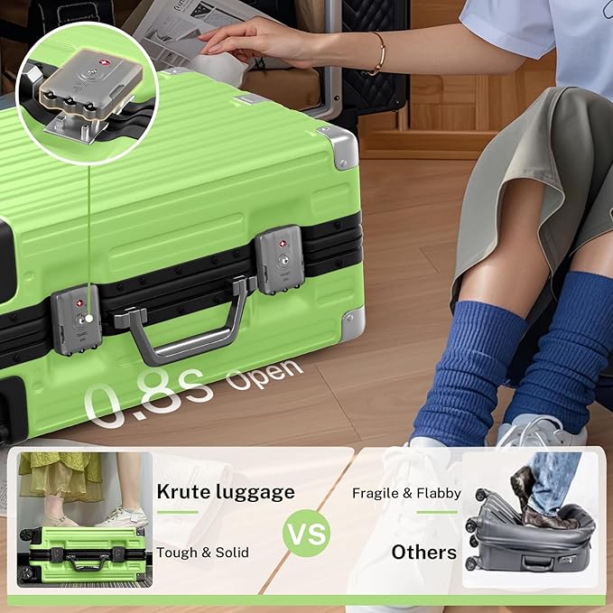 Krute Carry On Luggage 20 inch Aluminum Frame Luggage with Spinner Wheels Hardshell No Zipper PC+ABS TSA Lock Zipperless Suitcases