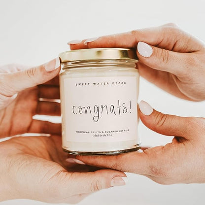 Sweet Water Decor, Congrats! Candle - New Job, Engagement, Graduation Gift - Tropical Fruits and Sugared Citrus Island Scented Soy Wax Candle - 9oz Clear Jar, 40 Hour Burn Time, Made in The USA
