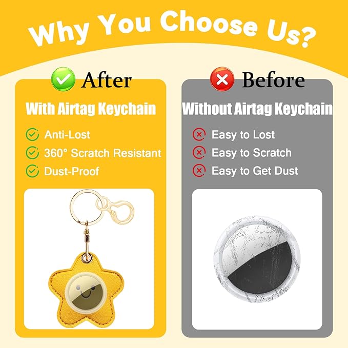 Leather Keychain for Airtag, Cute Protective Keychain Holder Compatible with Apple Air Tag,GPS Item Tracker Case Cover for Keys,Bags,Pets,Luggage(Star)