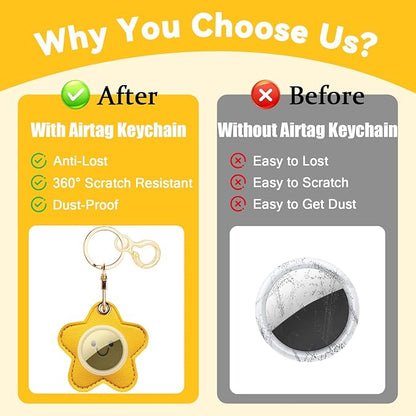 Leather Keychain for Airtag, Cute Protective Keychain Holder Compatible with Apple Air Tag,GPS Item Tracker Case Cover for Keys,Bags,Pets,Luggage(Star)