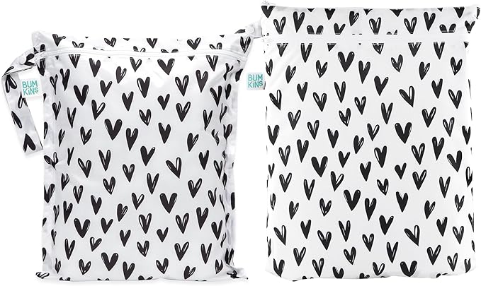 Bumkins - Waterproof Wet and Wetdry Bags - For Beach, Baby, Travel, Swim Suit, Cloth Diapers, Pump Parts, Pool, Gym, Toiletries - Reusable & Easy to Clean - Black Hearts - 2 Pack