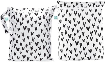 Bumkins - Waterproof Wet and Wetdry Bags - For Beach, Baby, Travel, Swim Suit, Cloth Diapers, Pump Parts, Pool, Gym, Toiletries - Reusable & Easy to Clean - Black Hearts - 2 Pack