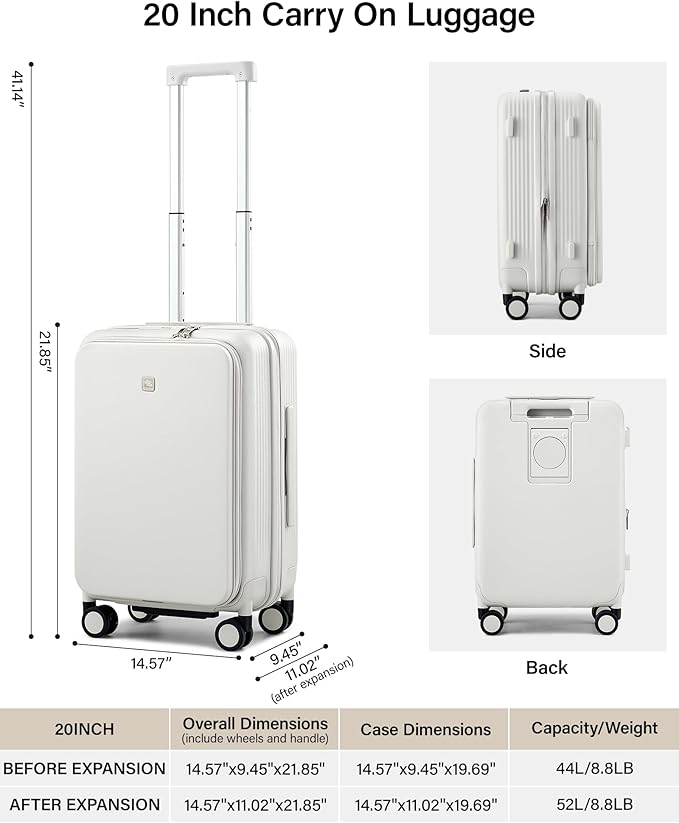 Hanke 20 Inch Expandable Carry On Luggage Airline Approved Top Opening Travel Luggage Rolling Suitcase with Cup Holder Hard Shell Suitcases with Wheels (Smoke White)