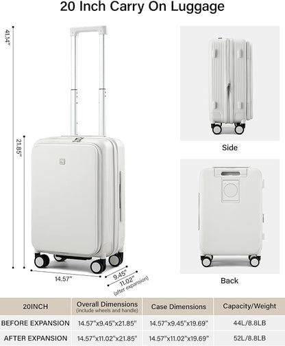 Hanke 20 Inch Expandable Carry On Luggage Airline Approved Top Opening Travel Luggage Rolling Suitcase with Cup Holder Hard Shell Suitcases with Wheels (Smoke White)