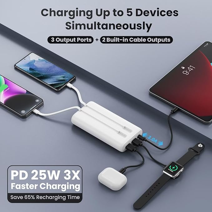 Upgraded Portable Charger 40800mAh Power Bank - Portable Battery with 2 Built in Cables,PD 25W USB C Fast Charging Battery Pack Compatible with iPhone 17 16 15 14 13 Android Phone etc-White