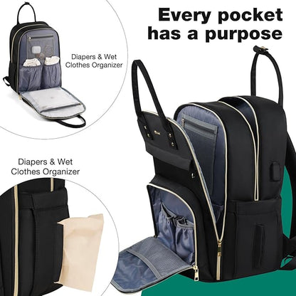 MOMUVO Diaper Bag Backpack, Quilted Baby Bag with Changing Pad and Stroller Straps, Dark Black