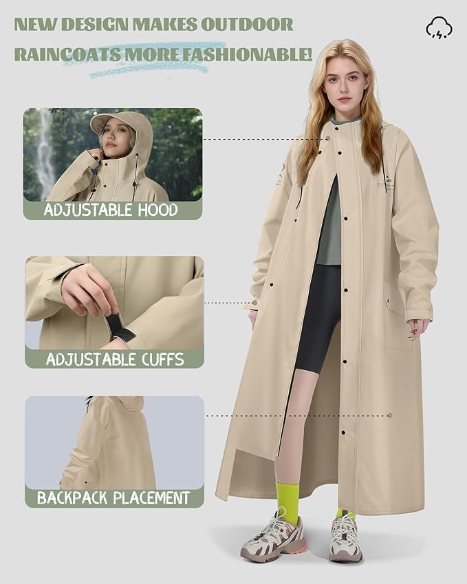 Men's Rain Jacket with Hooded Waterproof Lightweight Packable Long Raincoat Poncho for Women Adults