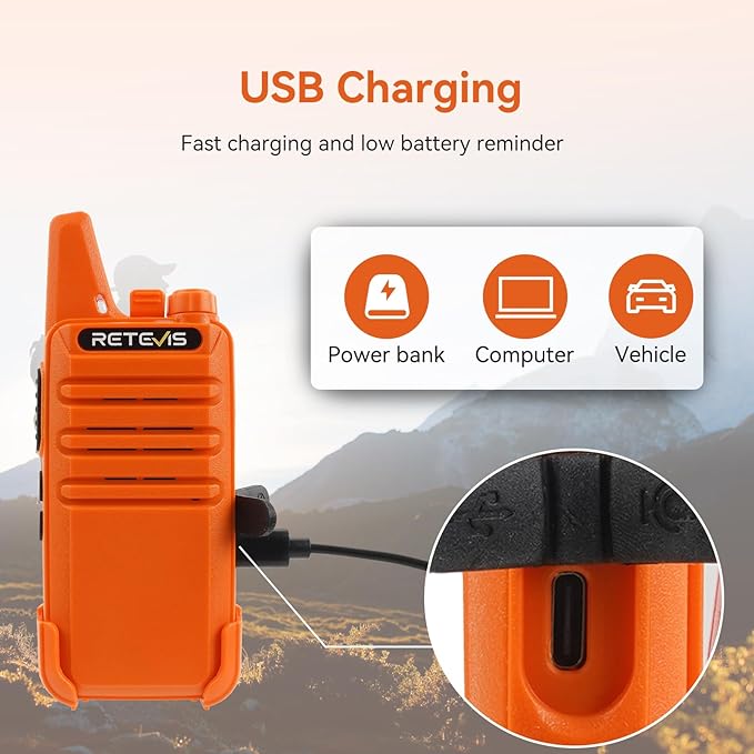 Retevis RT22 Walkie Talkies, Portable Two Way Radio Long Range Rechargeable, Mini Walkie Talkies with Earpiece, VOX Handsfree, Type-C Charging for Family Outdoor Camping Driving(2 Pack, Orange)