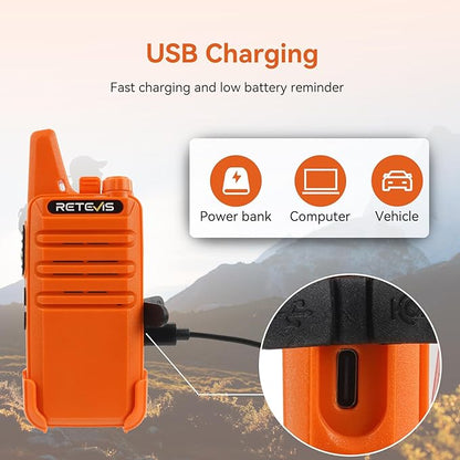 Retevis RT22 Walkie Talkies, Portable Two Way Radio Long Range Rechargeable, Mini Walkie Talkies with Earpiece, VOX Handsfree, Type-C Charging for Family Outdoor Camping Driving(2 Pack, Orange)