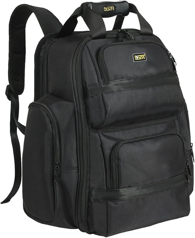 FASITE Tool Bag Backpack - Heavy Duty Professional Storage & Organizer for Contractor, Electrician, Plumber, HVAC, Large Front Flap Fit 13" -17" Laptops Notebook, Black