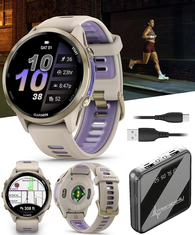 Wearable4U Garmin Forerunner 970 Soft Gold Titanium Smartwatch with French Gray Case and French Gray/Translucent Indigo Band, AMOLED Display Power Bank Bundle