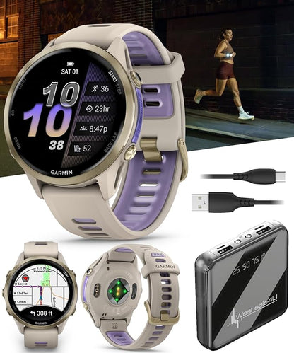 Wearable4U Garmin Forerunner 970 Soft Gold Titanium Smartwatch with French Gray Case and French Gray/Translucent Indigo Band, AMOLED Display Power Bank Bundle