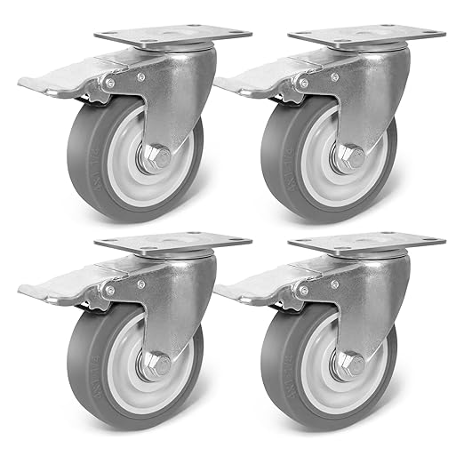 4 Inch Caster Wheels, Rubber Wheels Silent Castor- Set of 4 Heavy Duty Caster Wheels with Brake 1600Lbs, Industrial Plate Casters Wheels for Cart Furniture Workbench (4 Brake)