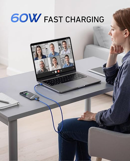 USB C to C Cable 60W, 10FT Long USB Type C Fast Charging Cable for Car Durable Braided iPhone USB C Charger Cable USBC to USBC Cord for iPhone 17/16/15/Pro Max/Plus, Samsung Galaxy and More-Blue