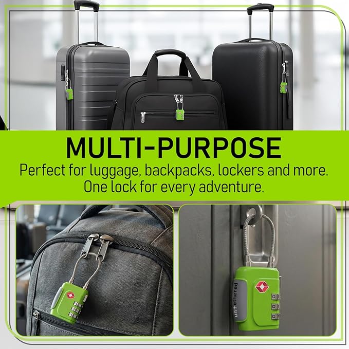 Untethered TSA Luggage Locks (3 Pack) – Resettable 3-Digit Combination TSA Approved Travel Padlocks for Suitcases, Backpacks, Gym Bags & Checked Baggage (3 Pack | Green)