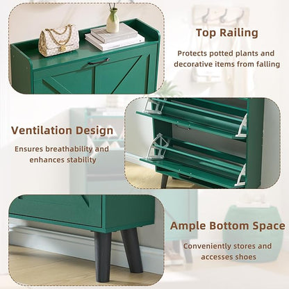 LEYAOYAO Shoe Storage Cabinet with 2 Flip Drawers，Narrow Shoe Storage Cabinet Organizer with Legs for Entryway Hallway, Living Room, Bedroom，Hidden Slim Storage Narrow Shoe Rack Cabinet,Green