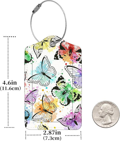 2 Pcs Luggage Tags for Suitcase, Cute Unique PU Leather Travel Bag Tag with Privacy Cover ID Label Address Card and Durable Metal Ring Suitable for Men Women Children Backpack,Colored Butterfly A