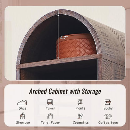 67" Tall Arched Bathroom Storage Cabinet, 8-Tier Modern Farmhouse Storage Cabinet with Adjustable Shelves, Wood Freestanding Cabinet for Bathroom, Living Room, Entryway, Hallway (Brown)