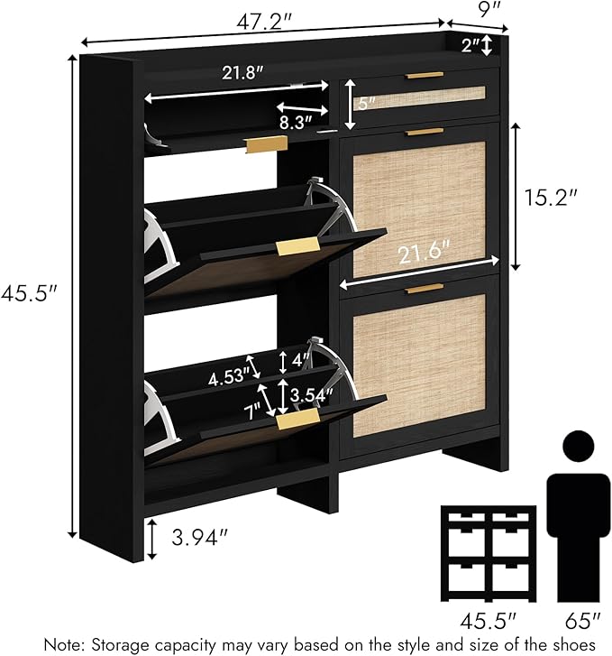 Large Rattan Shoe Storage Cabinet with 4 Flip Drawers & 2 Storage Drawers – Hidden Slim Shoe Organizer for Entryway, Large Tabletop Space, Farmhouse Boho Narrow Shoe Rack, Rustic Black