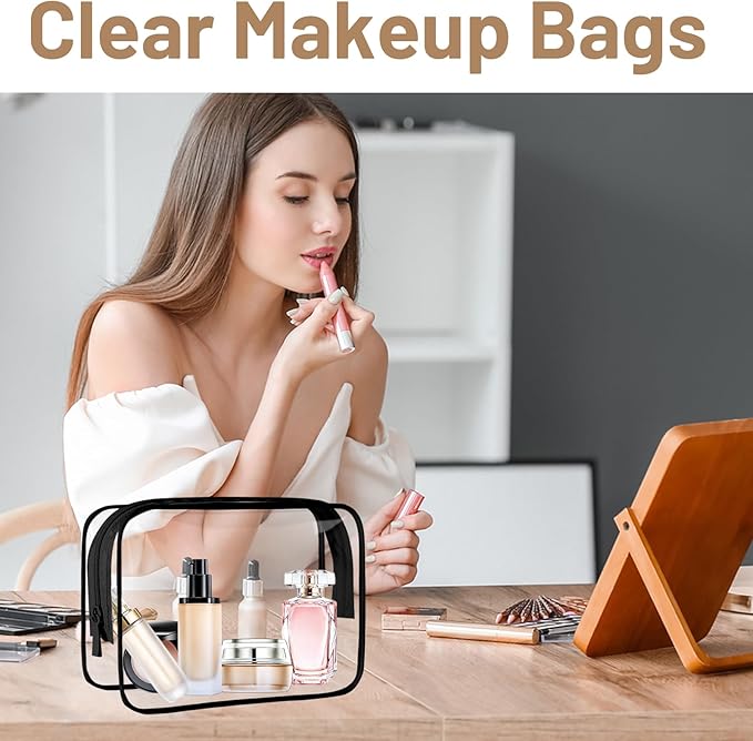 4 Pcs Clear Toiletry Bag, Portable Makeup Cosmetic Bags Pouch with Zipper, PVC Clear Travel Pouch for Women Men - Black